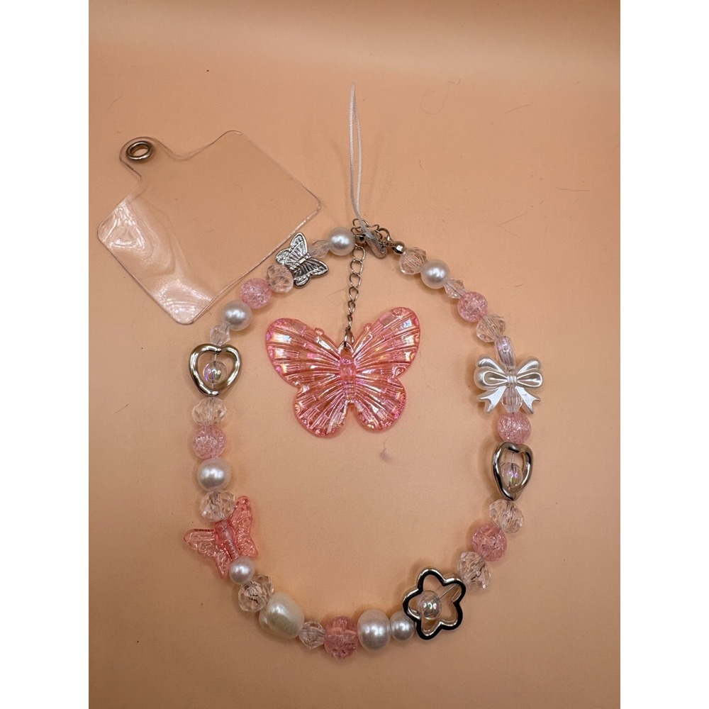 Pink Butterfly Beaded Phone Lanyard